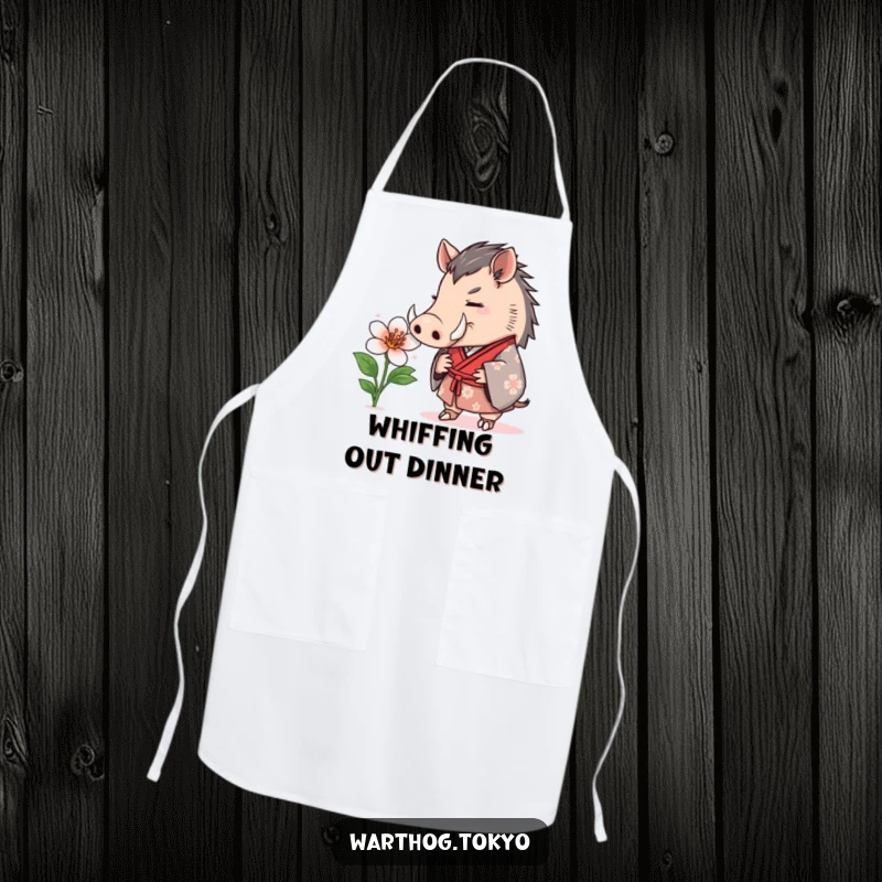 Funny Apron: Warthog in a formal kimono curiously sniffing a blooming flower, a delightful and practical kitchen essential.