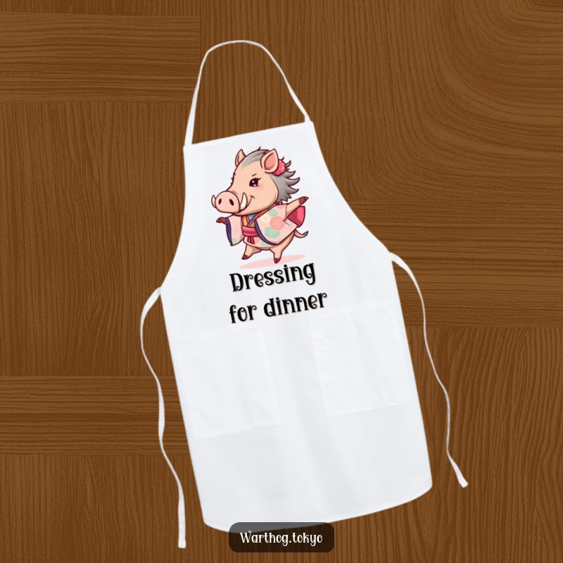 Funny apron depicting a warthog in a striking kimono, joyfully spinning while cooking, ready for kitchen fun.