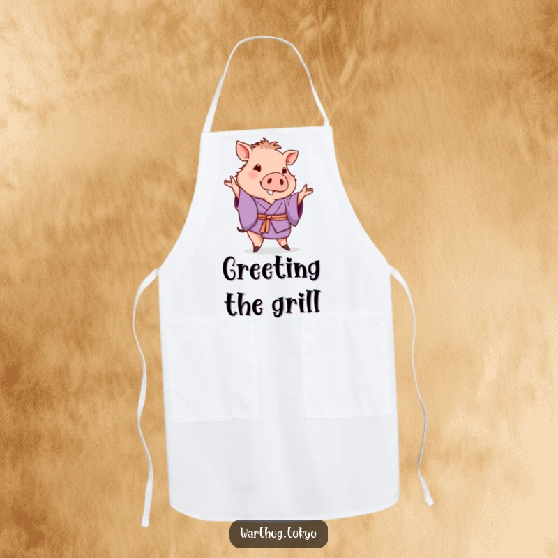Funny kitchen apron with a warthog in a purple kimono posing with a gentle wave, ideal funny cooking gift.