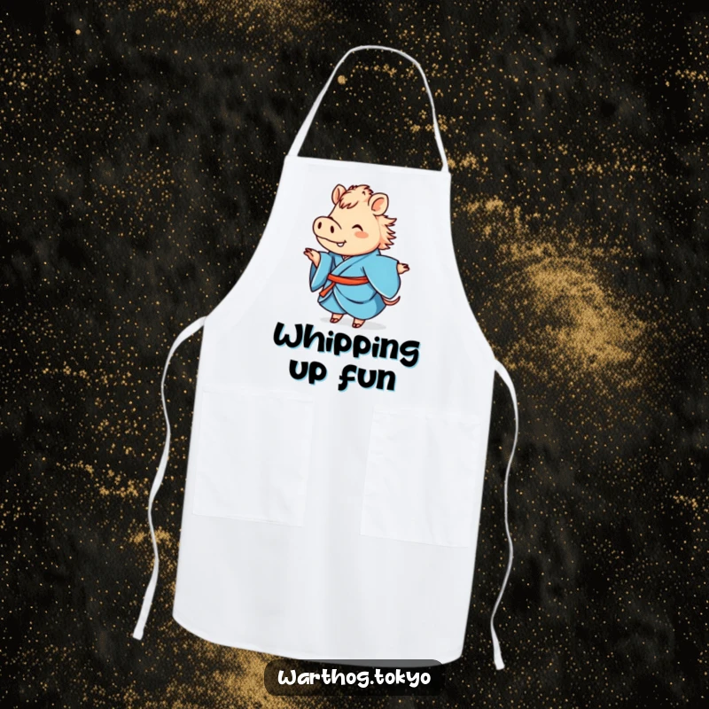 Funny kitchen apron with a cute warthog in a blue kimono joyfully twirling, ideal for a funny cooking gift.