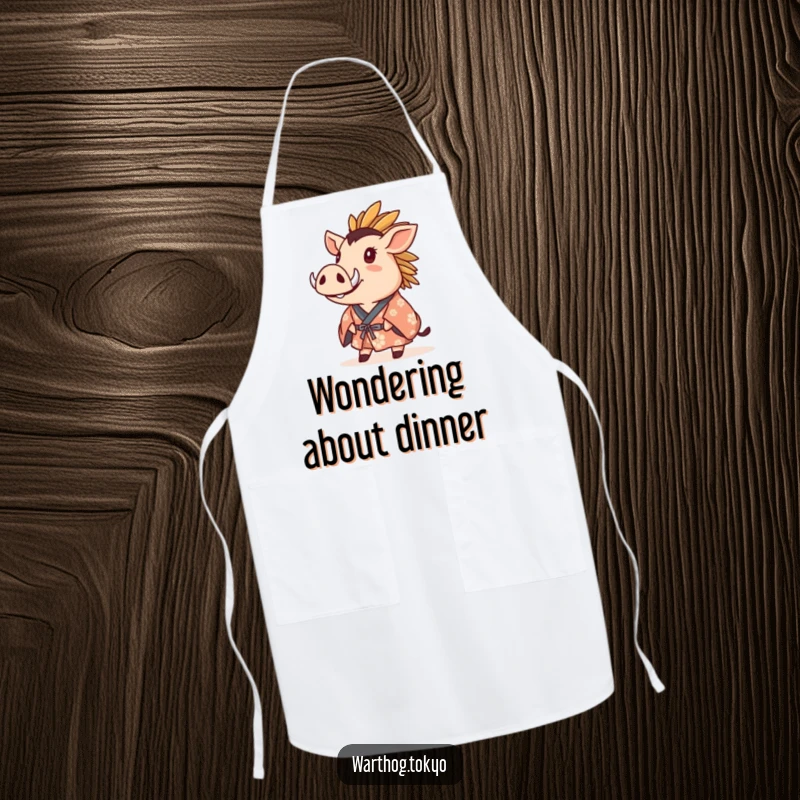 Funny Apron: Warthog in a crested kimono gazing upwards with wonder, a delightful and practical kitchen essential.
