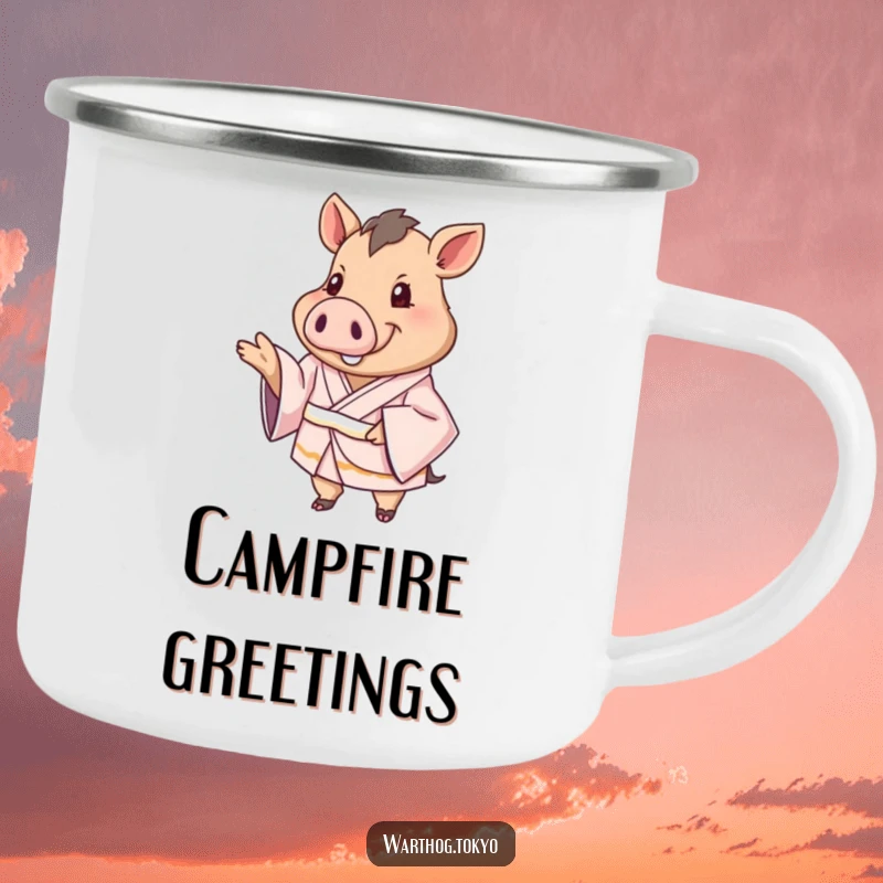Funny Camping Mug: Warthog in a silken kimono extending a paw in greeting, perfect for enjoying drinks outdoors.