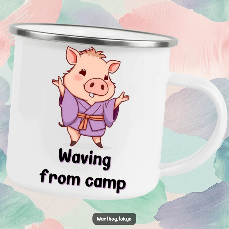 Funny camping mug with a warthog in a purple kimono posing with a gentle wave, perfect for outdoor funny gifts.