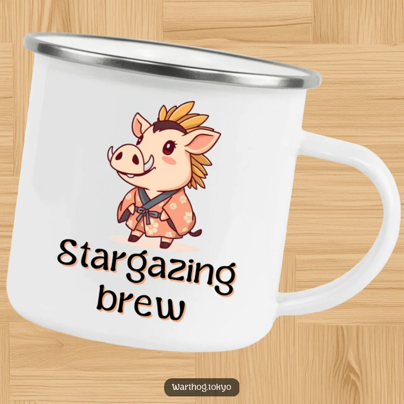 Funny Camping Mug: Warthog in a crested kimono gazing upwards with wonder, perfect for enjoying drinks outdoors.