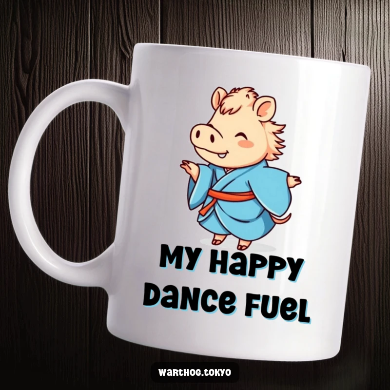 Funny blue kimono warthog mug, joyfully twirling with a happy expression, perfect for a cute and funny gift.