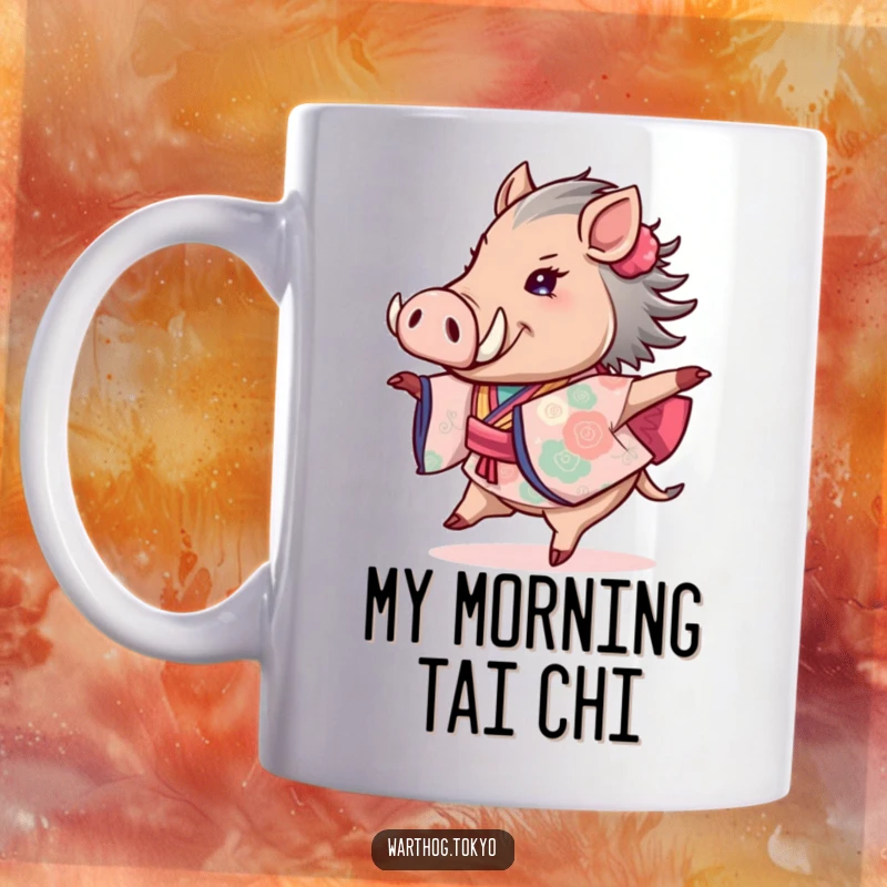 Funny mug featuring a warthog joyfully twirling in a vibrant, colorful kimono, radiating pure delight and playful energy.