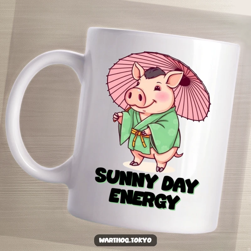 Funny plump warthog in a green kimono playfully balancing a parasol, perfect for a cute and funny gift.