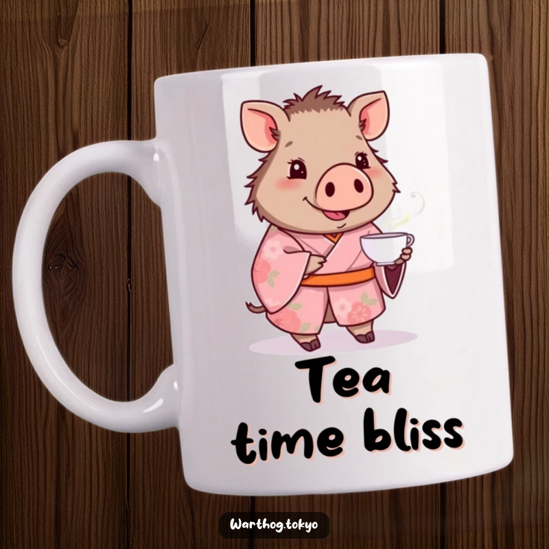 Funny warthog in a pink floral kimono smiling and offering a teacup, perfect for a cute and funny gift.