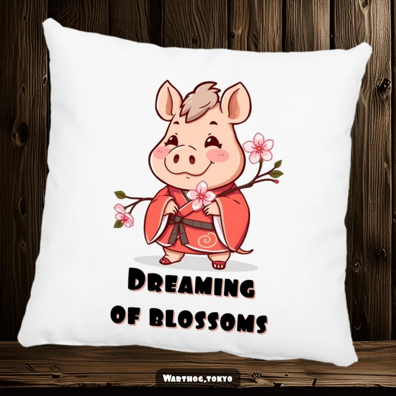 Funny cute warthog in a red kimono pillow, holding a blooming cherry blossom, soft and perfect for a funny gift.