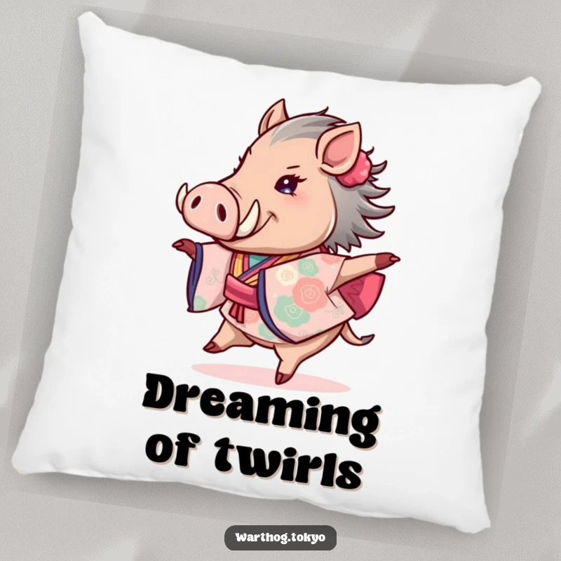 Funny pillow featuring a joyful warthog doing a graceful twirl in a beautiful kimono, adding comfort and humor to decor.