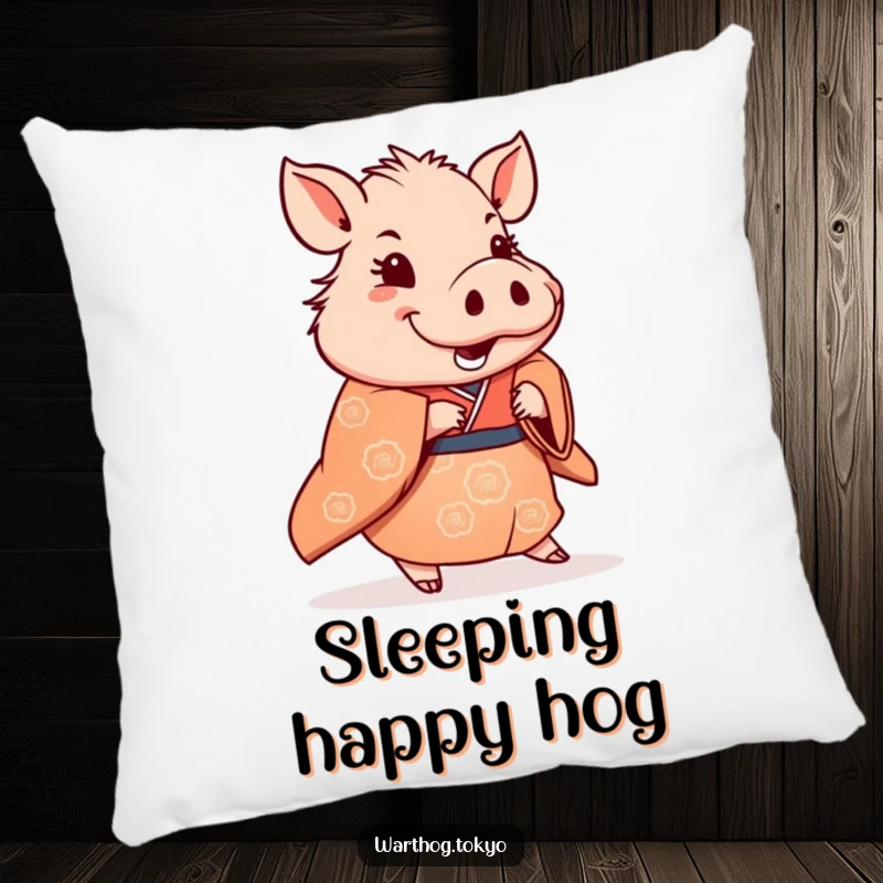 Funny Pillow: Warthog in a traditional kimono doing a subtle, happy shuffle, bringing comfort and joy.