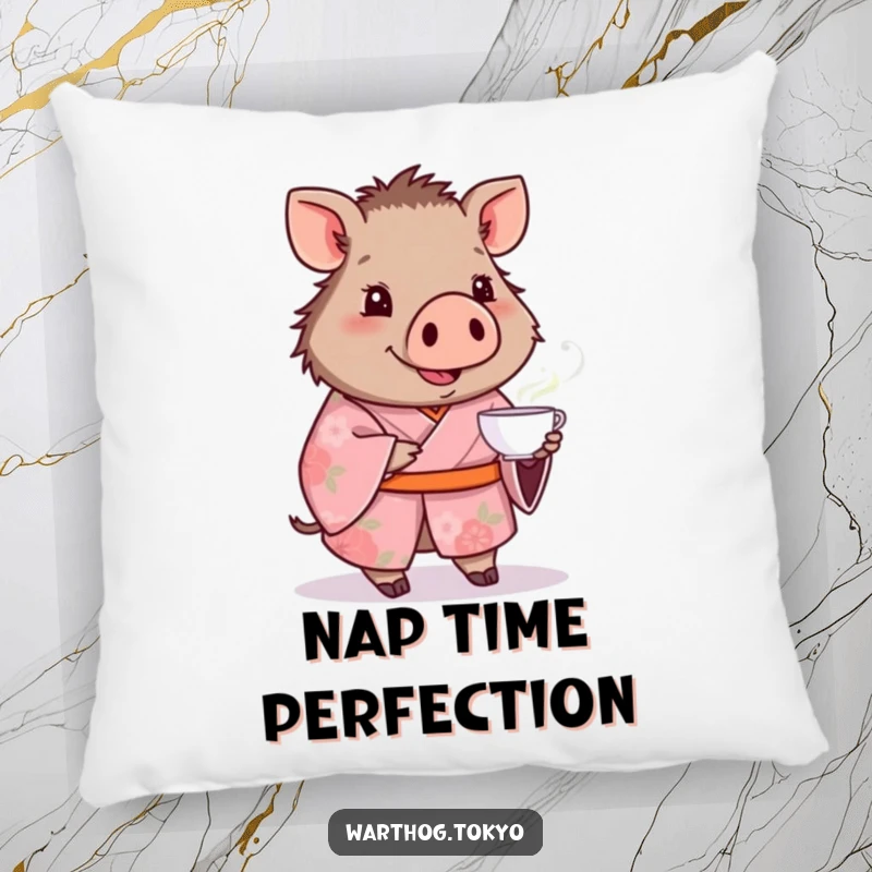Funny cute warthog in a pink floral kimono pillow, offering a teacup, soft and perfect for a funny gift.