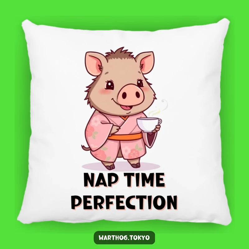 Funny Warthog Kimono Pillow: Cozy Comfort with a Pink Floral Tea-Serving Friend