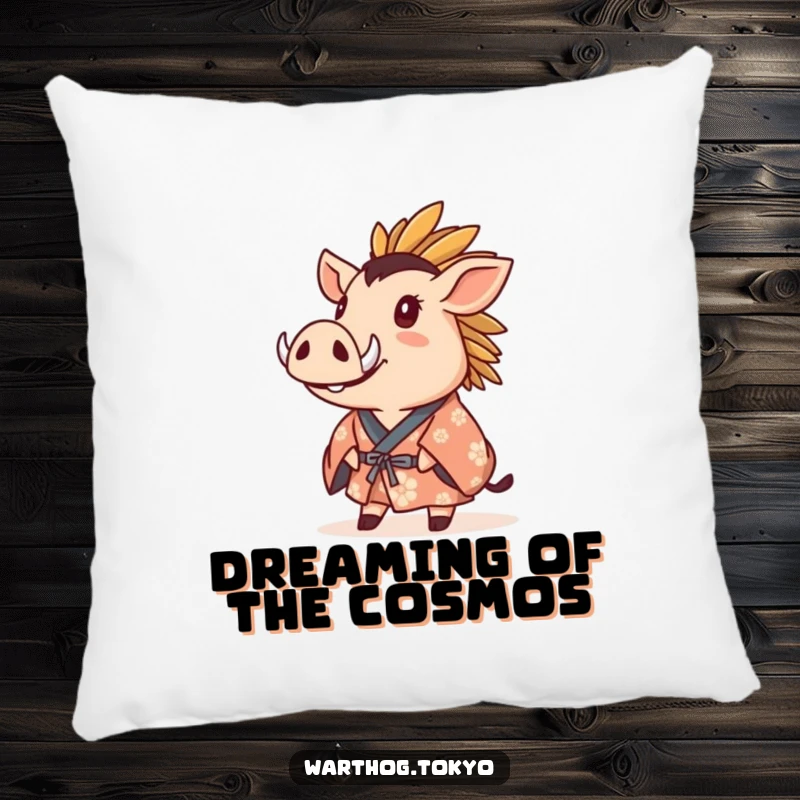 Funny Pillow: Warthog in a crested kimono gazing upwards with wonder, bringing comfort and a sense of awe.
