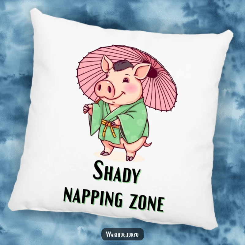 Funny cute warthog in a green kimono pillow, playfully balancing a parasol, soft and perfect for a funny gift.