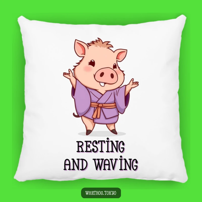 Funny Warthog Kimono Pillow: Cozy Elegance with a Purple Waving Warthog