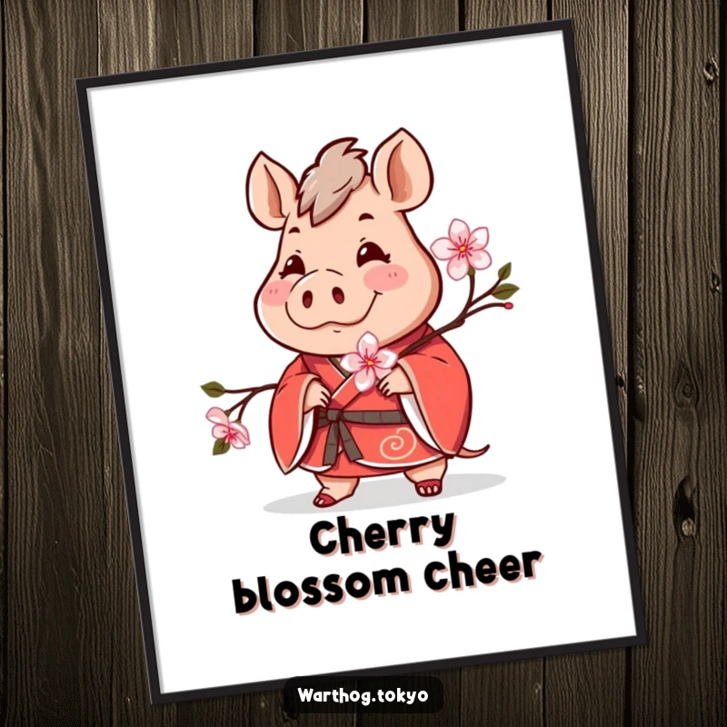 Funny digital art print of a cheerful warthog in a red kimono holding a blooming cherry blossom, instant downloadable funny gift.