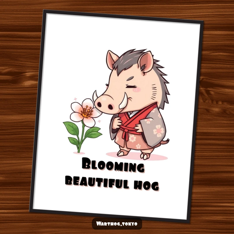 Funny Digital Art Print: Warthog in a formal kimono curiously sniffing a blooming flower, downloadable art for charming decor.