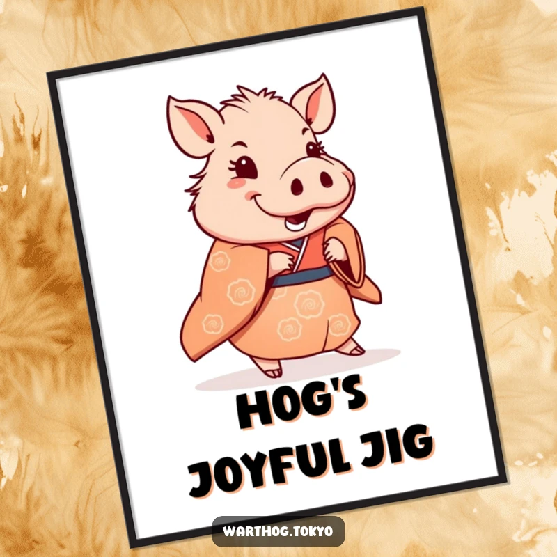 Funny Digital Art Print: Warthog in a traditional kimono doing a subtle, happy shuffle, downloadable art for joyful decor.