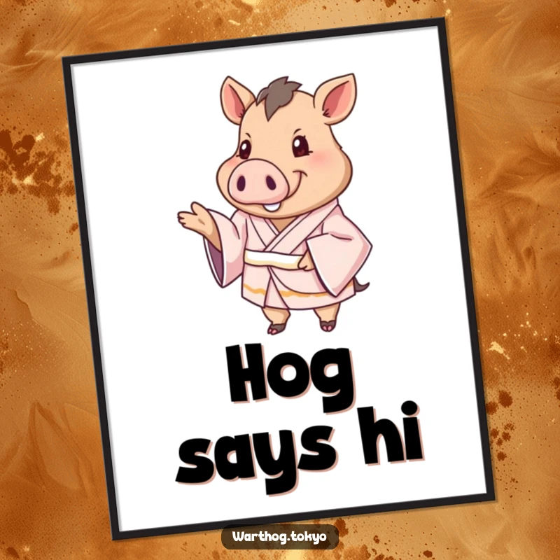 Funny Digital Art Print: Warthog in a silken kimono extending a paw in greeting, downloadable art for a warm welcome.