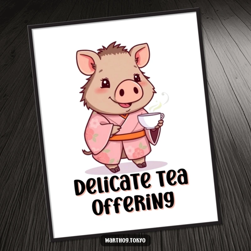 Funny digital art print of a warthog in a pink floral kimono offering a teacup, instant downloadable funny gift.