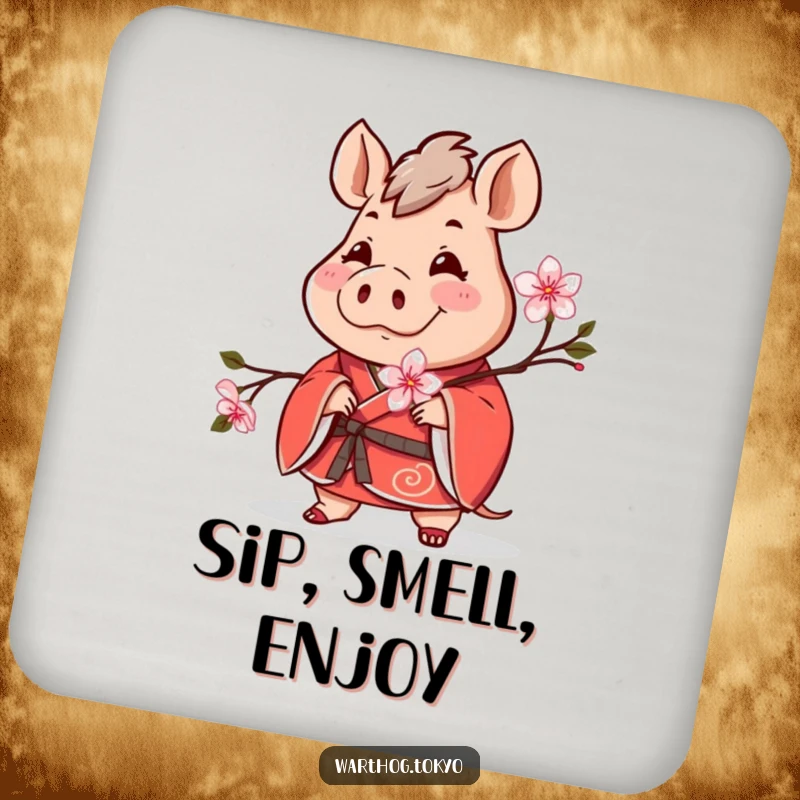 Funny coasters with a cheerful warthog in a red kimono holding a blooming cherry blossom, perfect for protecting surfaces and funny gifts.