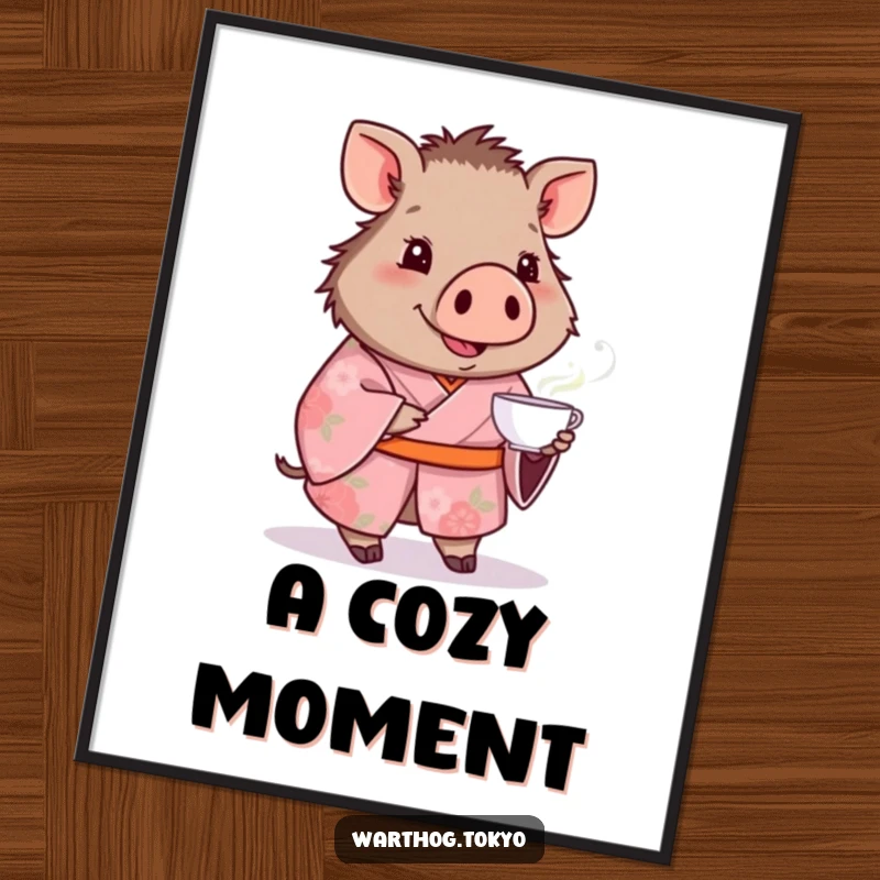 Funny poster featuring a warthog in a pink floral kimono smiling and offering a teacup, perfect wall art and funny gift.