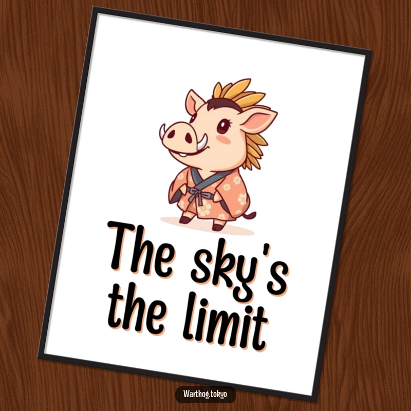 Funny Poster: Warthog in a crested kimono gazing upwards with wonder, a captivating piece of art for any room.