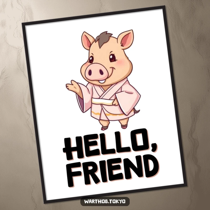 Funny Poster: Warthog in a silken kimono extending a paw in greeting, a heartwarming piece of art for any room.