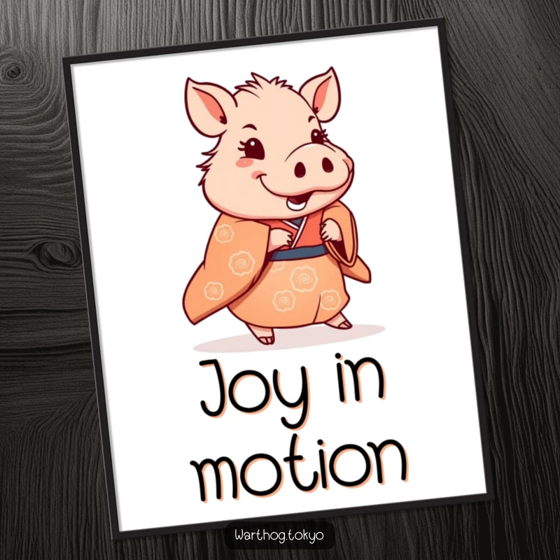 Funny Poster: Warthog in a traditional kimono doing a subtle, happy shuffle, a vibrant piece of art.
