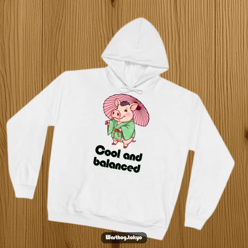 Funny cozy hoodie featuring a plump warthog in a green kimono playfully balancing a parasol, ideal funny gift.