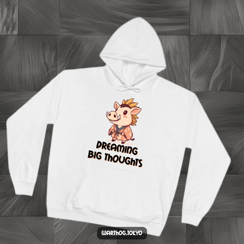 Funny Hoodie: Warthog in a crested kimono gazing upwards with wonder, a comfortable piece for thoughtful souls.