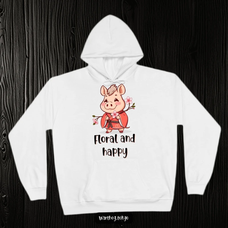 Funny cozy hoodie featuring a cheerful warthog in a red kimono holding a blooming cherry blossom, ideal funny gift.