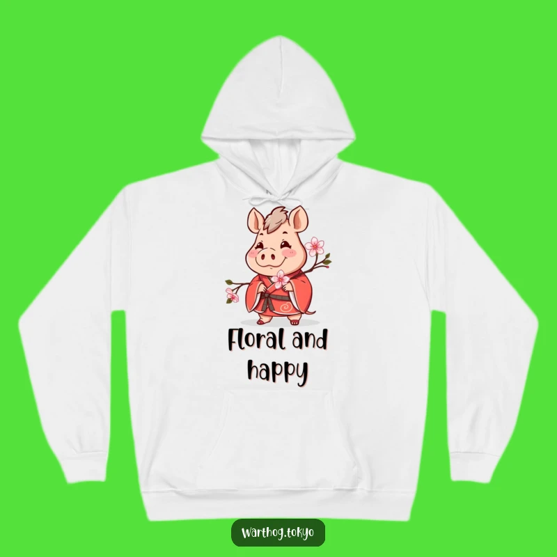 Funny Warthog Kimono Hoodie: Cozy Red Design with Cherry Blossom Cheer