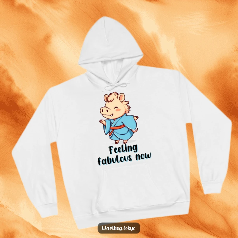 Funny cozy hoodie with a cute warthog in a blue kimono joyfully twirling, ideal for a warm and funny gift.