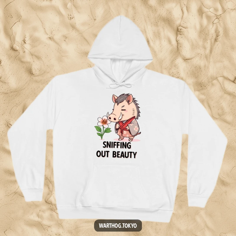 Funny Hoodie: A warthog in a formal kimono curiously sniffing a beautiful flower, blending fashion with natural appreciation.