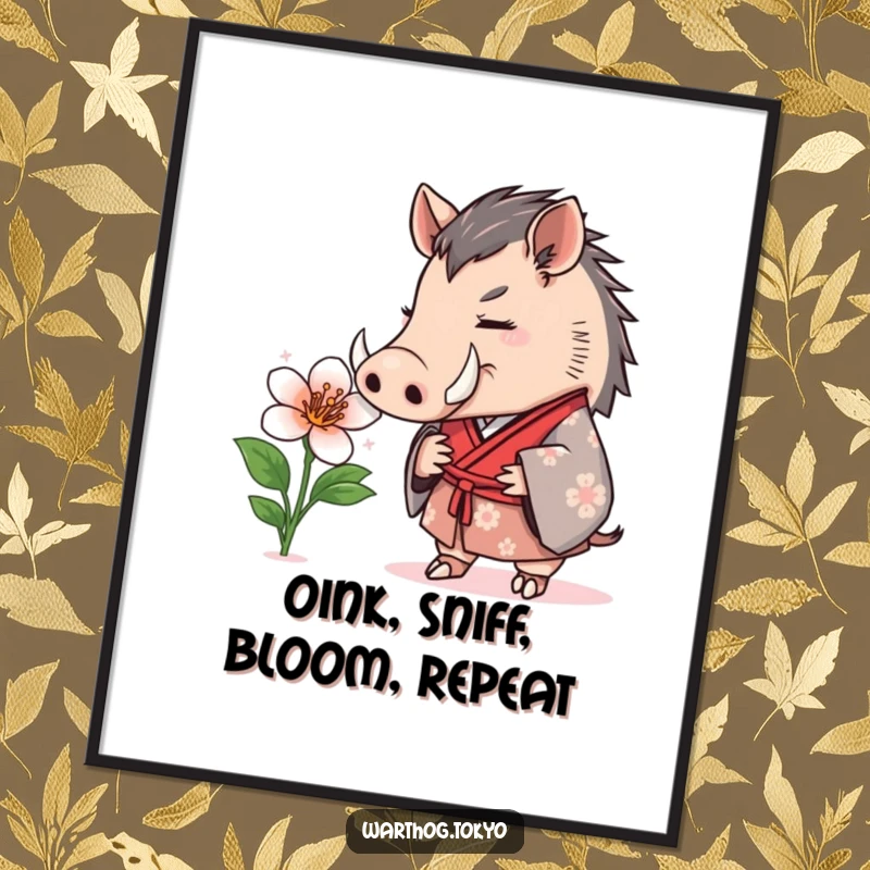 Funny Free Printable Wall Art: Warthog in a formal kimono curiously sniffing a blooming flower, adding charm.