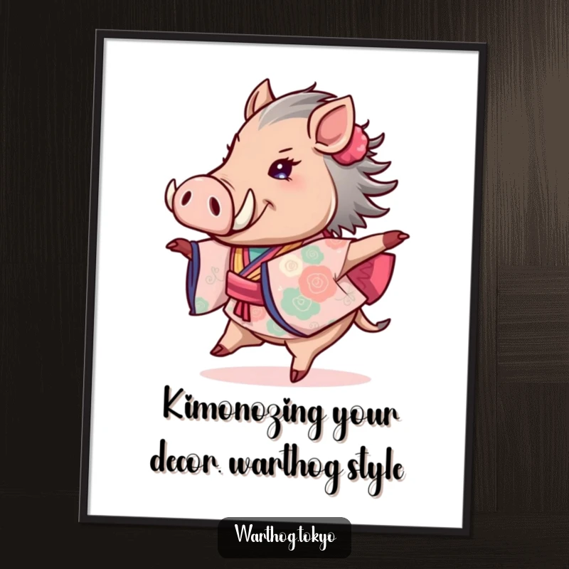 Funny Free Printable Wall Art: a whimsical warthog dressed in a vibrant kimono twirls with pure delight, adding joy to any room.