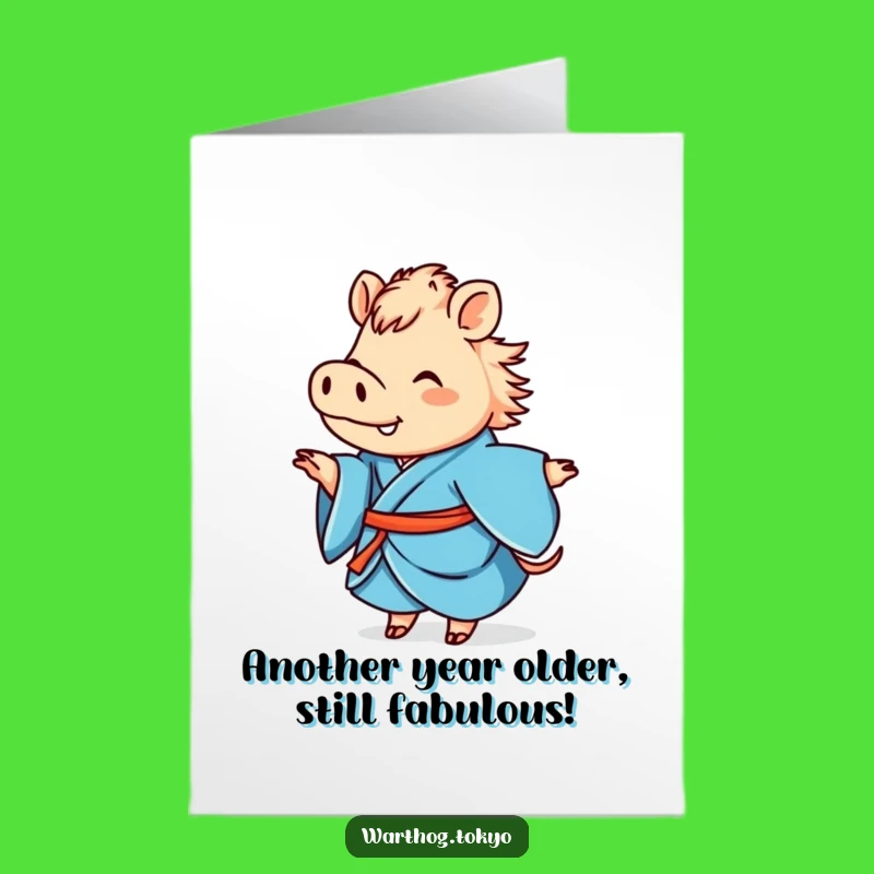 Free Printable Warthog Birthday Card: Cute Twirling Blue Kimono Fun Downloadable Gift