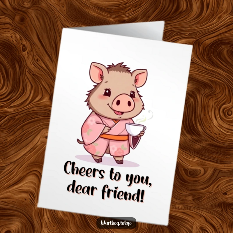 Funny Free Printable Warthog Birthday Card: Warthog in pink floral kimono smiling, offering a teacup, perfect for a birthday.
