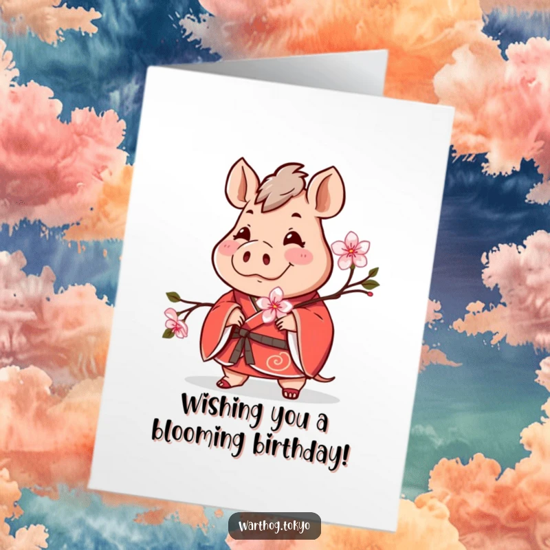 Funny Free Printable Warthog Birthday Card: Cheerful warthog in red kimono holding cherry blossom for a birthday.
