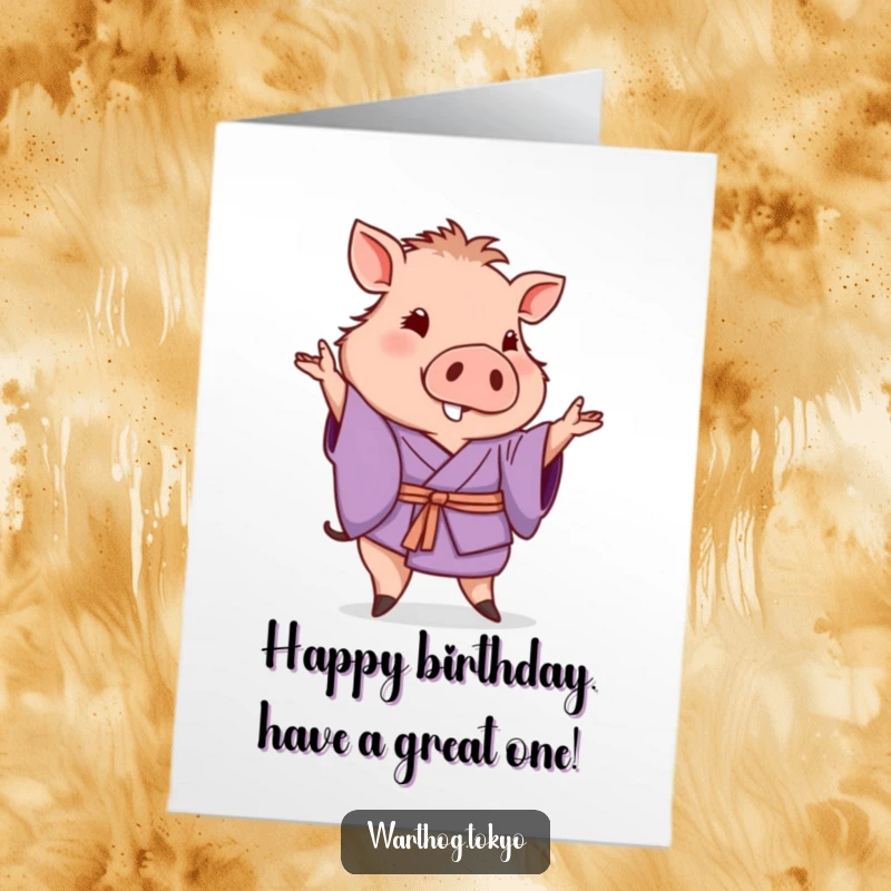 Funny Free Printable Warthog Birthday Card: Warthog in purple kimono posing with a gentle wave for a birthday.