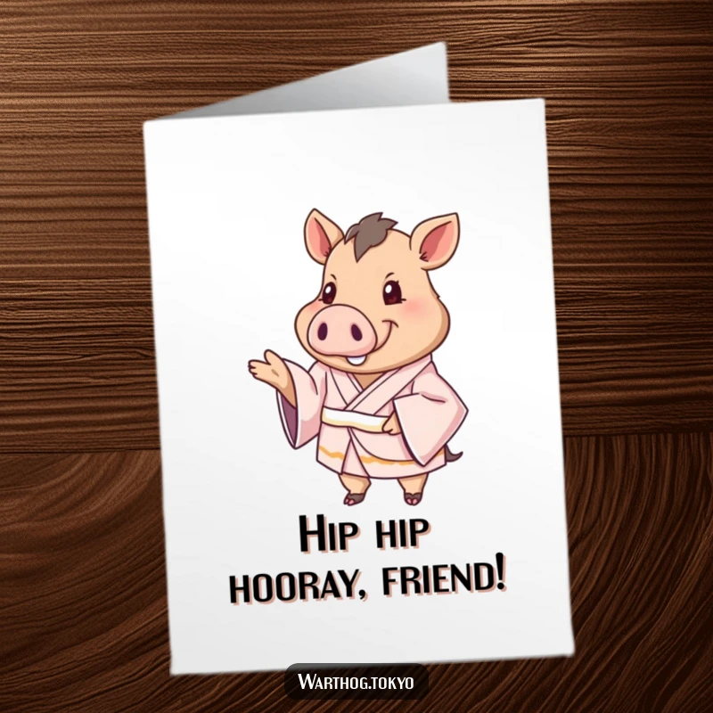 Funny Free Printable Birthday Card: Warthog wearing a silken kimono, extending a paw in friendly greeting.