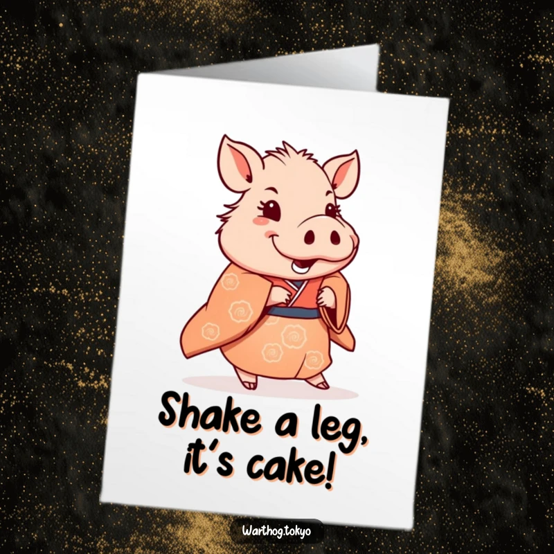 Funny Free Printable Birthday Card: Warthog in a traditional kimono doing a subtle, happy shuffle for a birthday.