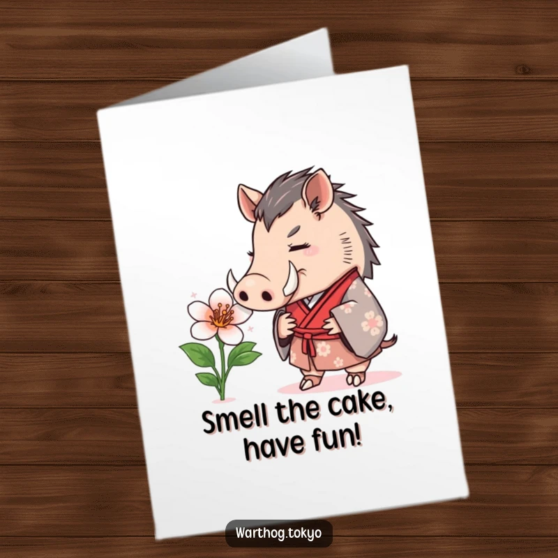 Funny Free Printable Birthday Card: Warthog in a formal kimono curiously sniffing a blooming flower, wishing a happy birthday.