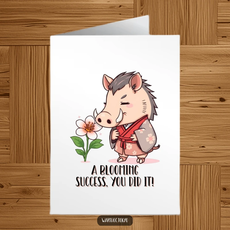Funny Free Printable Congratulations Card: Warthog in a formal kimono curiously sniffing a blooming flower, celebrating success.