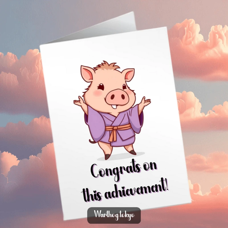 Funny Free Printable Warthog Congrats Card: Warthog in purple kimono posing with a gentle wave, congratulating success.
