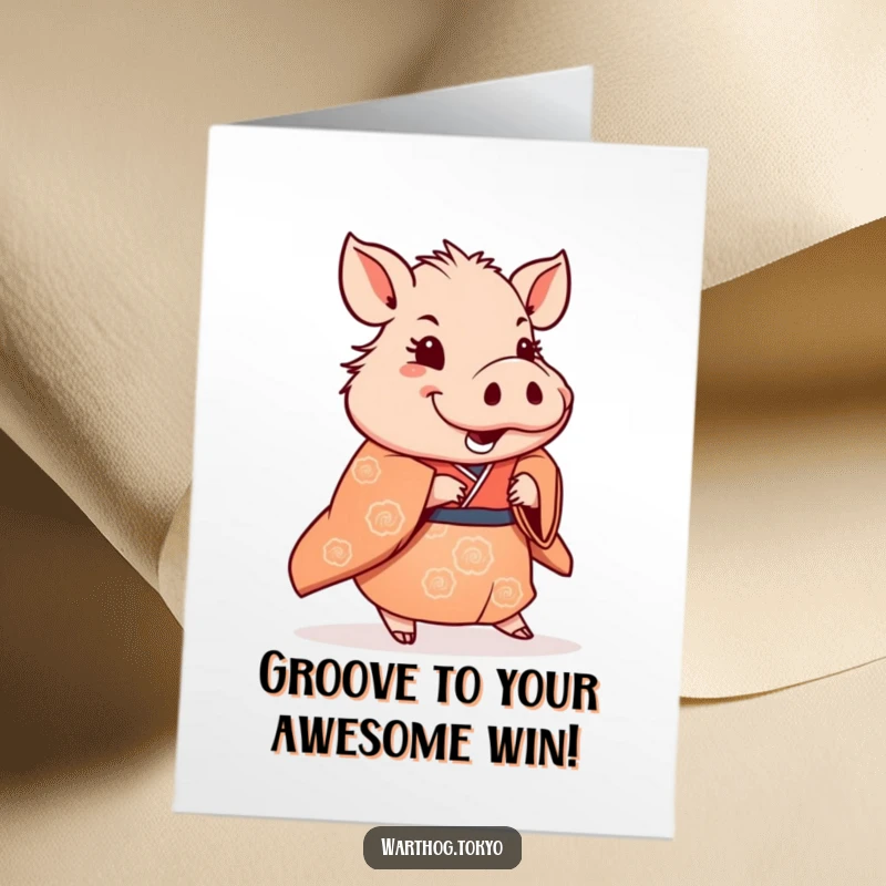 Funny Free Printable Congratulations Card: Warthog in a traditional kimono doing a subtle, happy shuffle to celebrate.