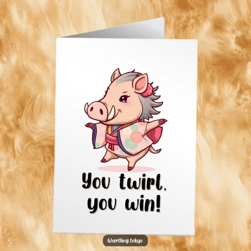 Funny Free Printable Congratulations Card: a warthog in a colorful kimono twirls with excitement, celebrating an achievement.