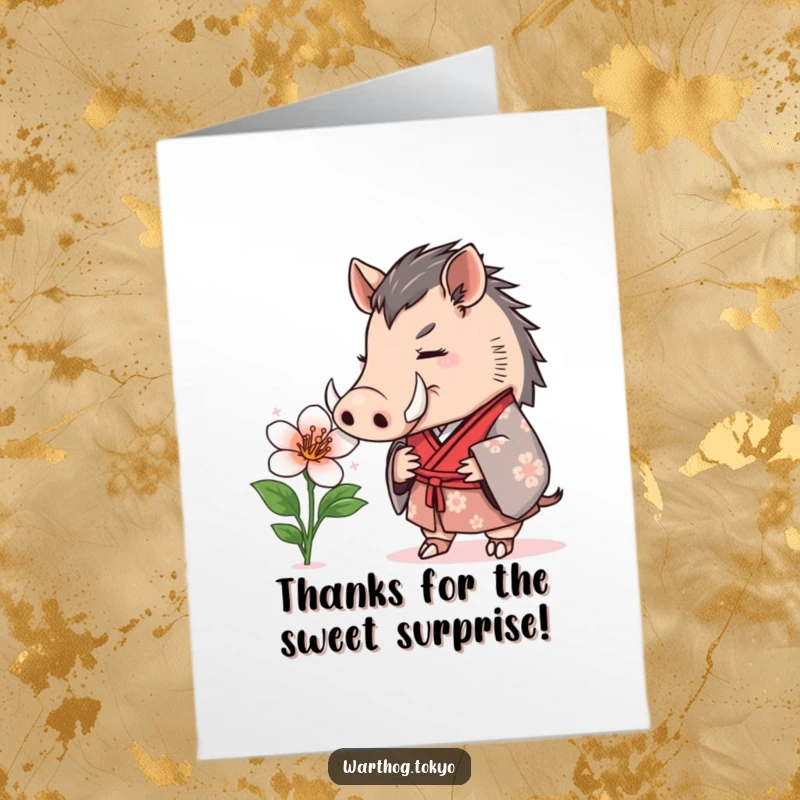 Funny Free Printable Thank You Card: Warthog in a formal kimono curiously sniffing a blooming flower, expressing thanks.